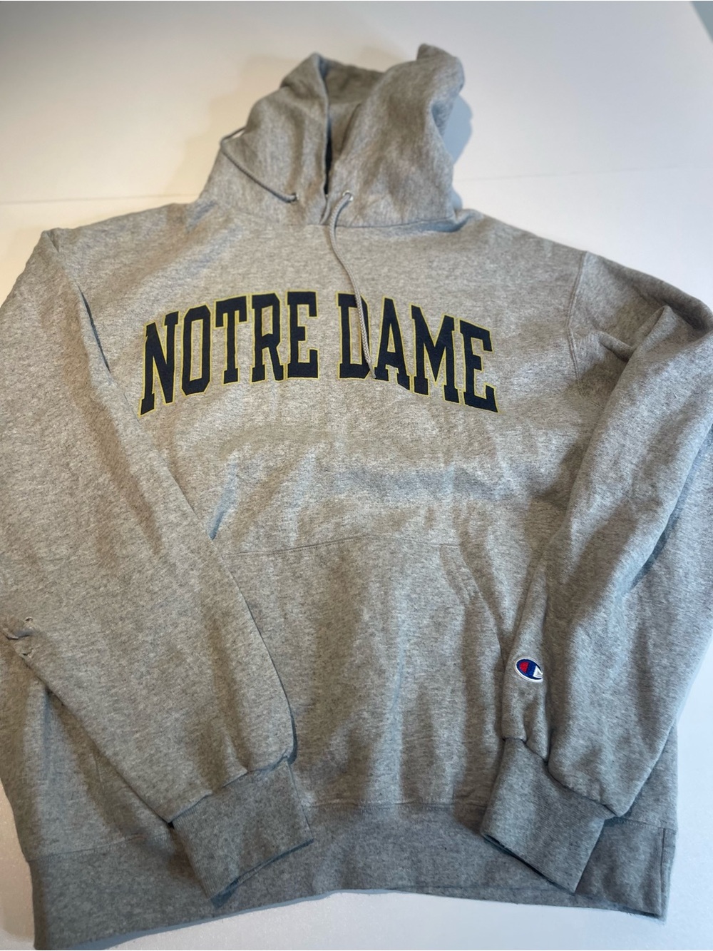 Champion Gray Notre Dame Arch Hoodie with Yellow-Black Lettering